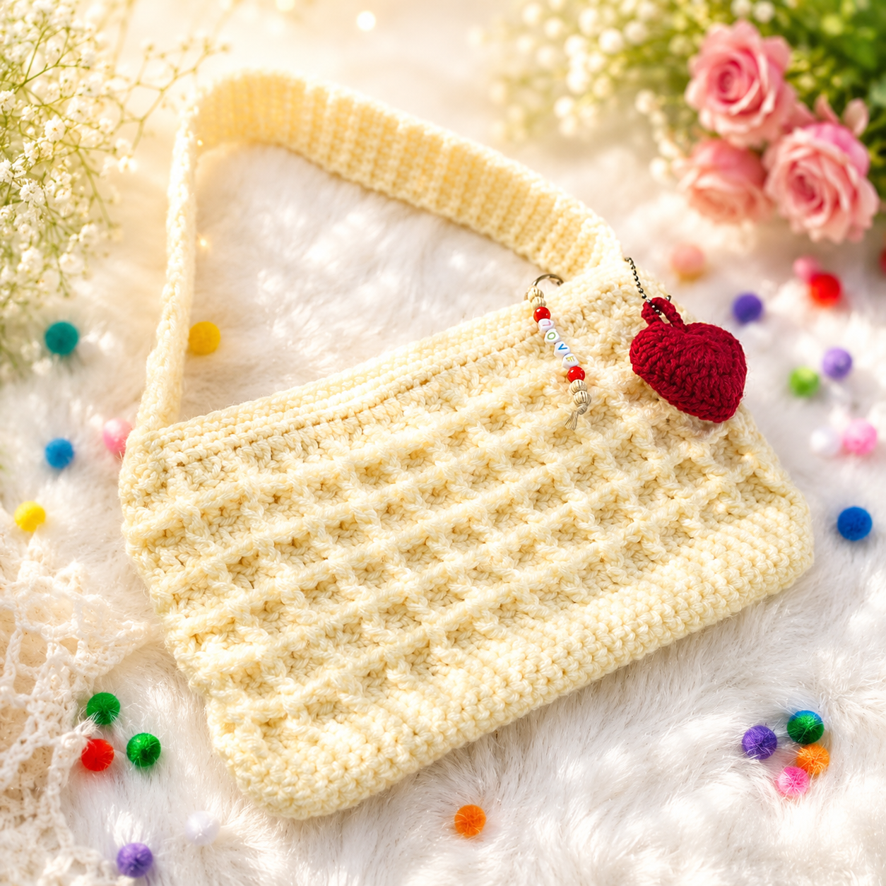 Crochet hand bag: waffle style with free heart bag charm & handmade beads zipper.