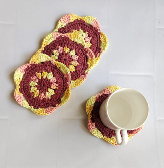 Crochet Flower coasters set in Vibrant Hues : Handcrafted Floral Bliss