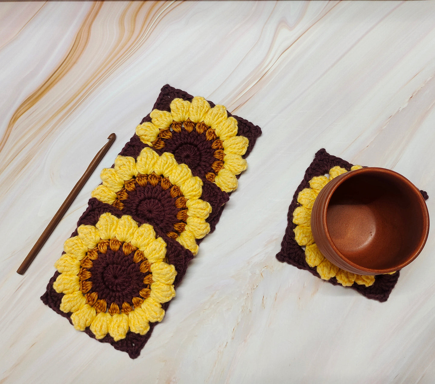 Crochet sunflower square coasters : perfect for tea & coffee cups.