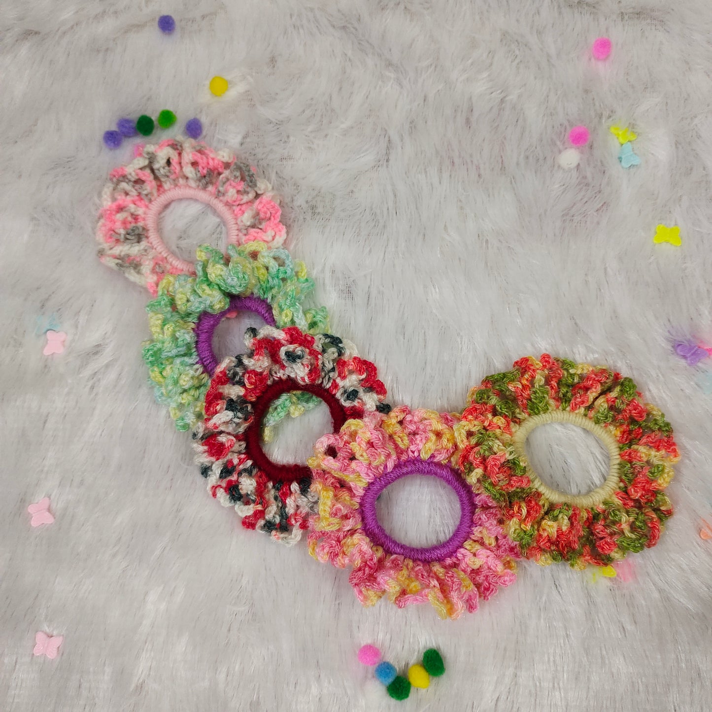 Crochet scrunchies: Rainbow Ruffle Scrunchie Collection
