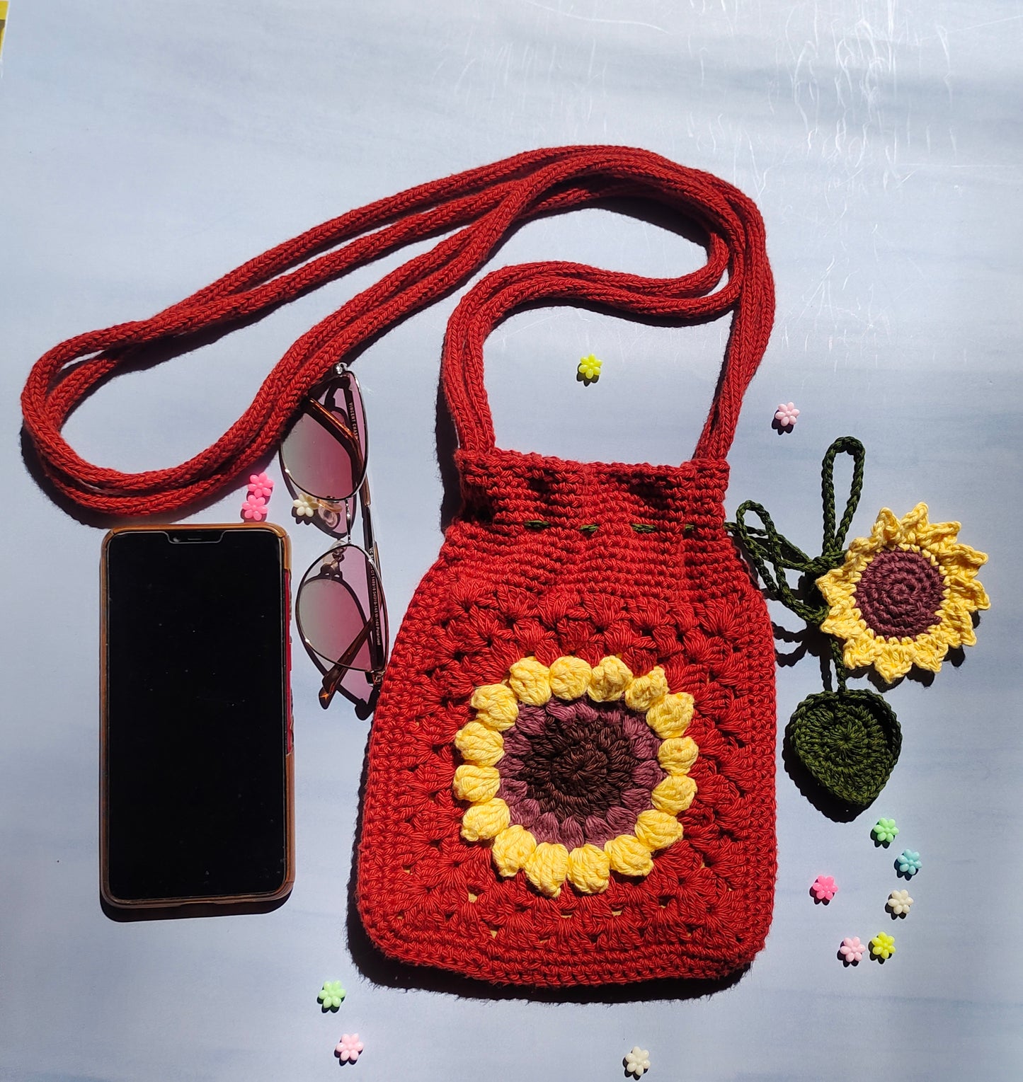 Crochet sunflower sling  bag ; Boho Sunflower Phone Crossbody Bag