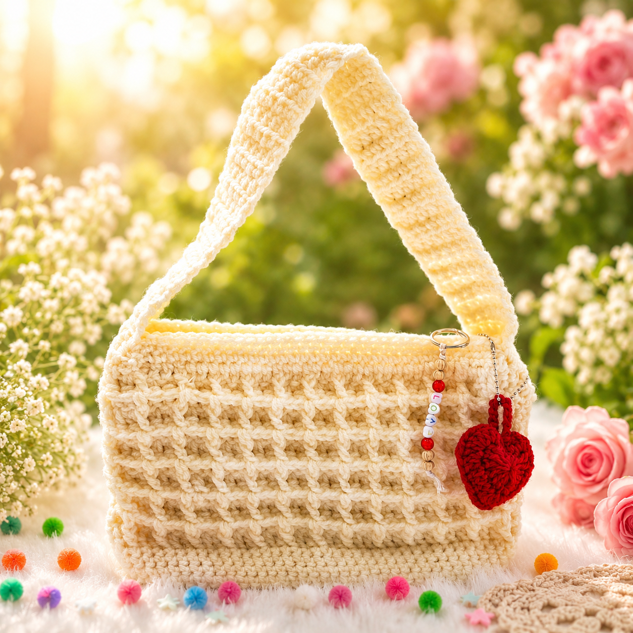 Crochet hand bag: waffle style with free heart bag charm &  handmade beads zipper.