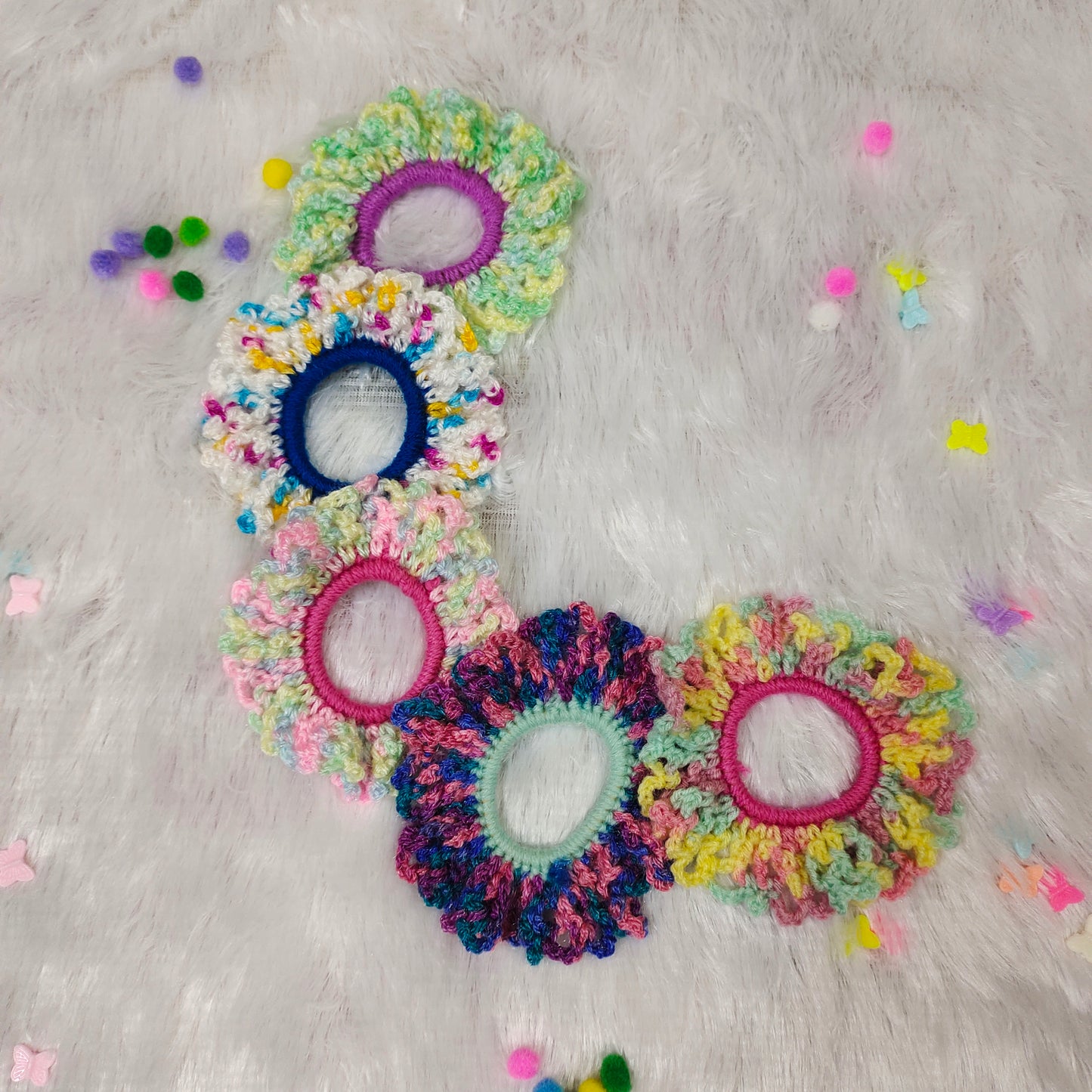 Crochet scrunchies: Rainbow Ruffle Scrunchie Collection