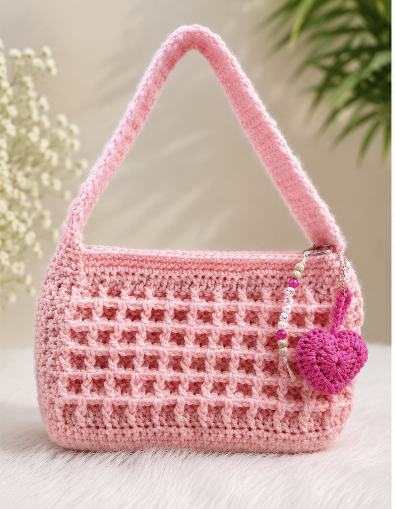 Crochet hand bag: waffle style with free heart bag charm &  handmade beads zipper.