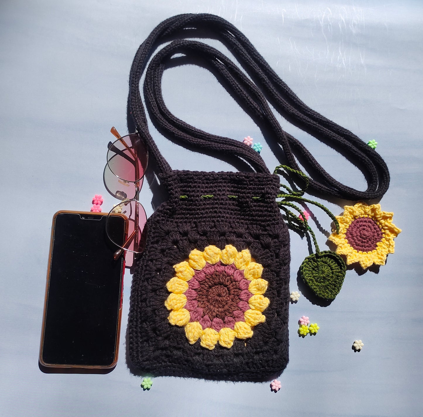 Crochet sunflower sling  bag ; Boho Sunflower Phone Crossbody Bag