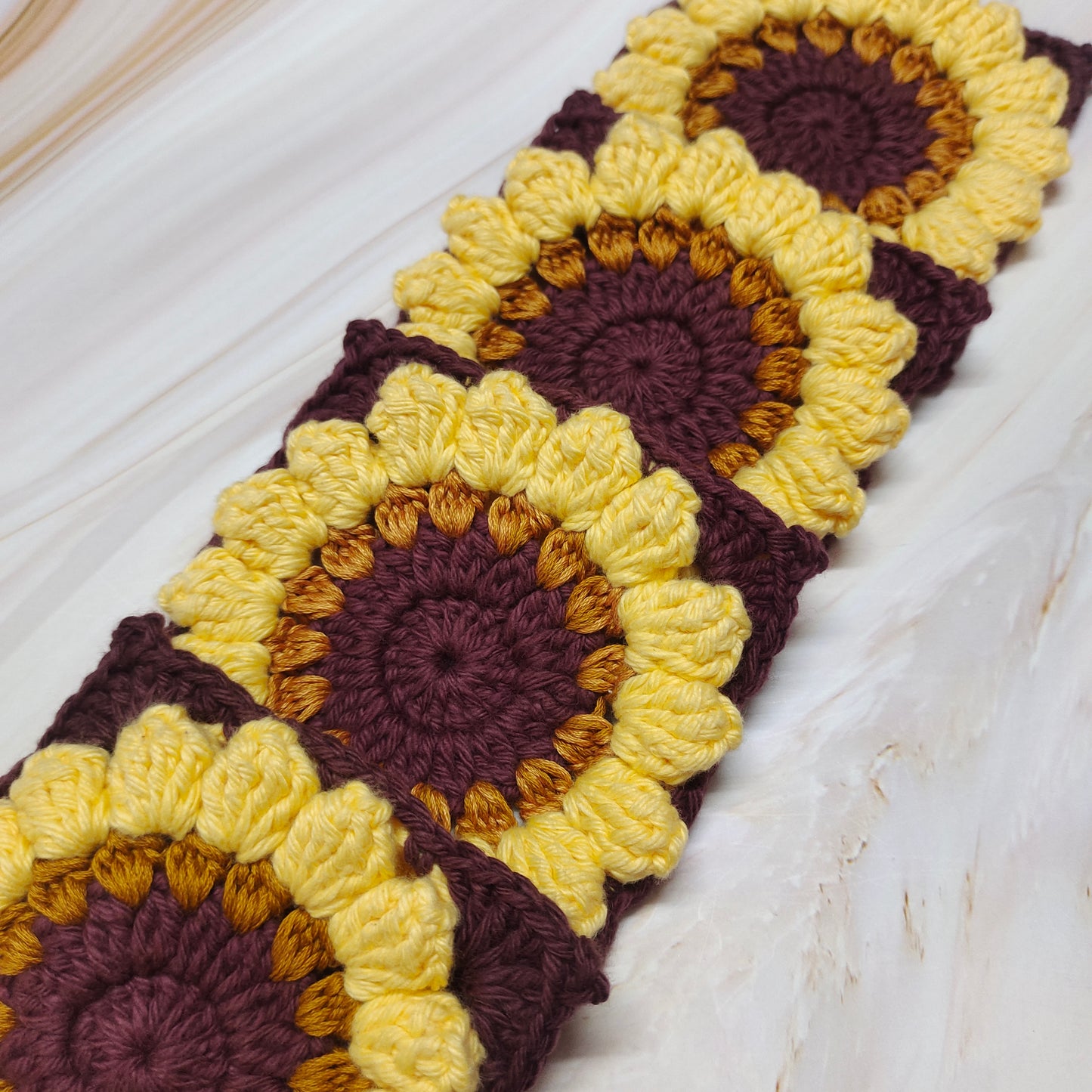 Crochet sunflower square coasters : perfect for tea & coffee cups.