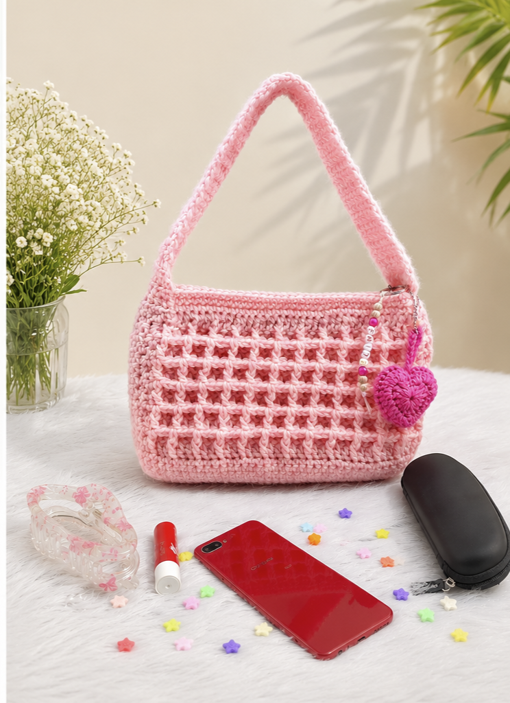Crochet hand bag: waffle style with free heart bag charm &  handmade beads zipper.